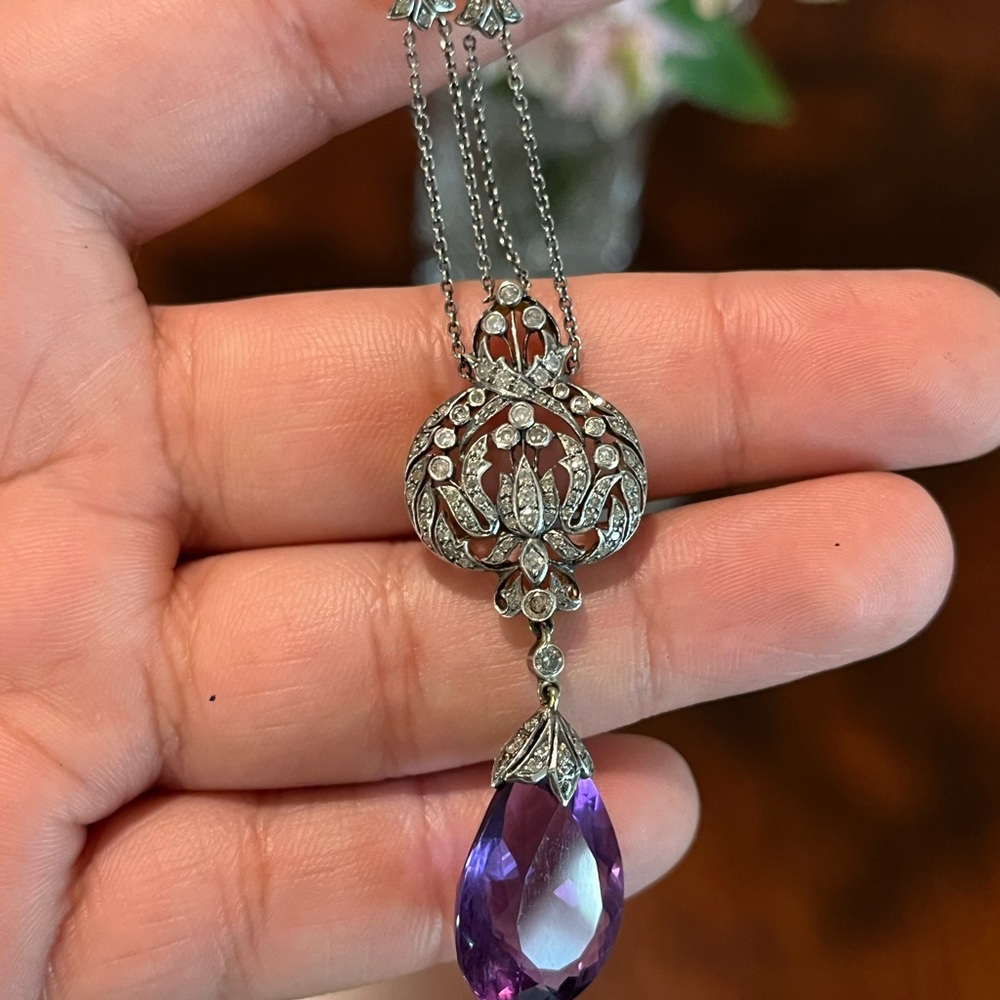 Antique diamond and amethyst drop necklace yellow gold and sterling silver